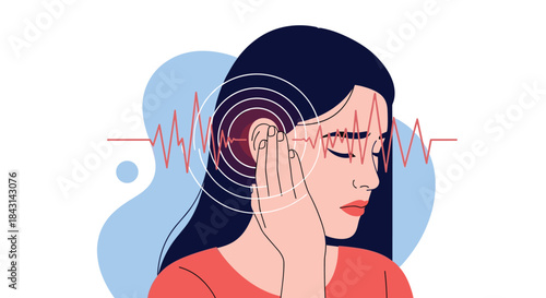 Illustration of a woman suffering from tinnitus, holding her ear with sound waves depicted, representing hearing loss or ear pain.