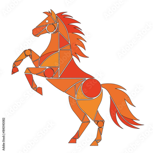 Geometric horse prancing on its hind legs. Orange vector illustration on white.