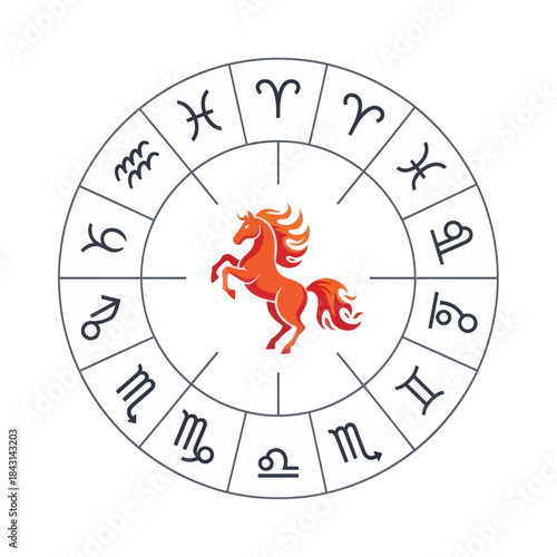 Chinese zodiac sign horse inside a circle with astrological symbols. Horoscope concept.