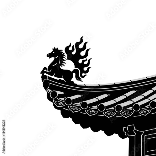 Korean roof detail with horse statue in black and white, traditional architecture style.