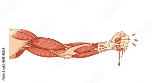Anatomical illustration of a muscular human arm with the hand clenched into a fist, squeezing an organ and causing it to bleed.