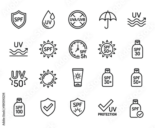 Sunscreen and UV Protection Line Icons for Skincare