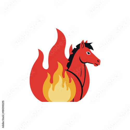 Red horse engulfed in flames, vector illustration for strength and power concepts.