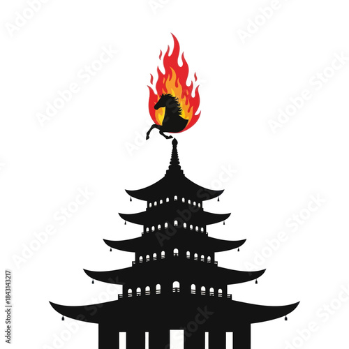 Silhouette of a pagoda with a horse in flames on top, set against a clean white backdrop.