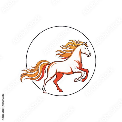 Beautiful white horse with orange mane in a black circle. Vector illustration.