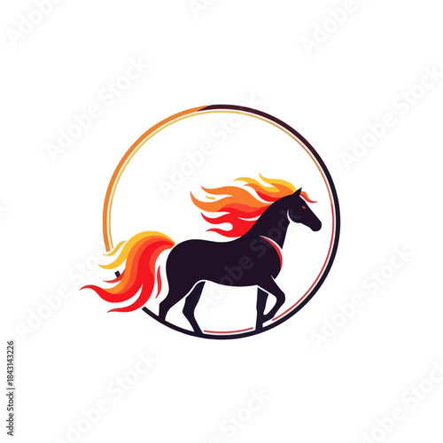 Horse with fiery mane and tail in a circle frame. Symbolizes power and energy.