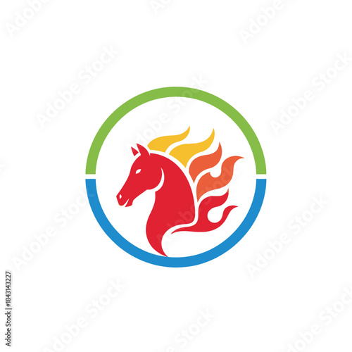 Red horse head with colorful flame mane inside a green and blue circle, vector graphic.