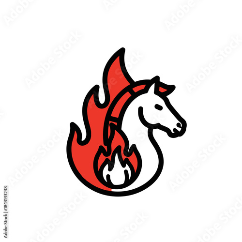 Stylized vector of a white horse engulfed in red fire, outlined in black on white.