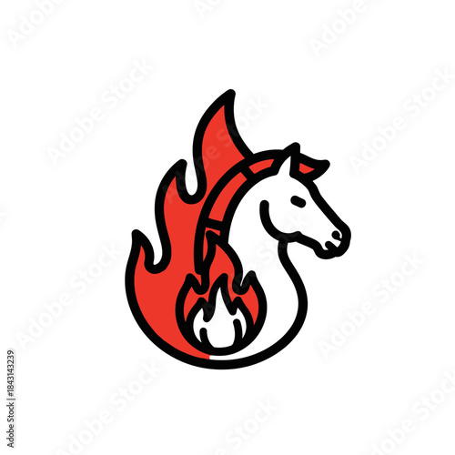 Stylized vector illustration of a horse head engulfed in flames, representing power and danger.