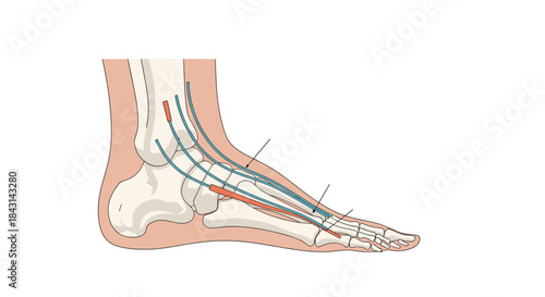 Anatomical side view illustration of the human foot, showing the complex structure of bones, ligaments, muscles, and tendons.