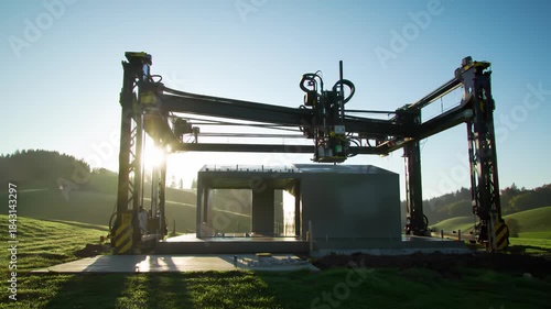 Automated 3D concrete printer constructing a modern house in a sunny green landscape, illustrating future construction technology