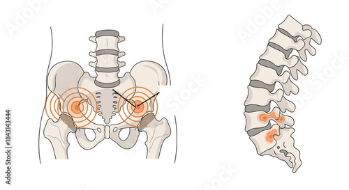 Medical diagrams illustrating lower back pain, showing inflammation of the sacroiliac joints and arthritis in the lumbar spine.