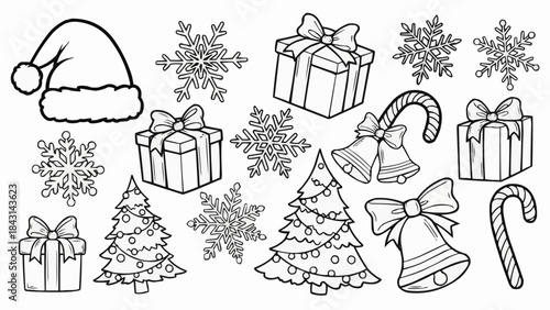 Christmas Holiday Elements Collection Black and White Line Art.