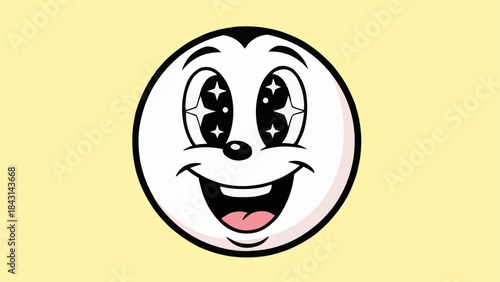 Retro cartoon character with sparkling eyes and wide smile.