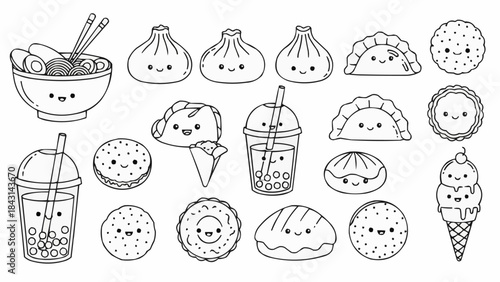 Cute Kawaii Food Collection Outline Drawing.