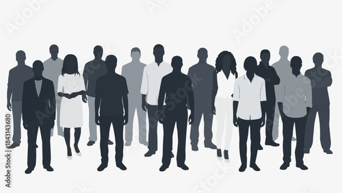 Diverse group of people standing together in a unified formation.