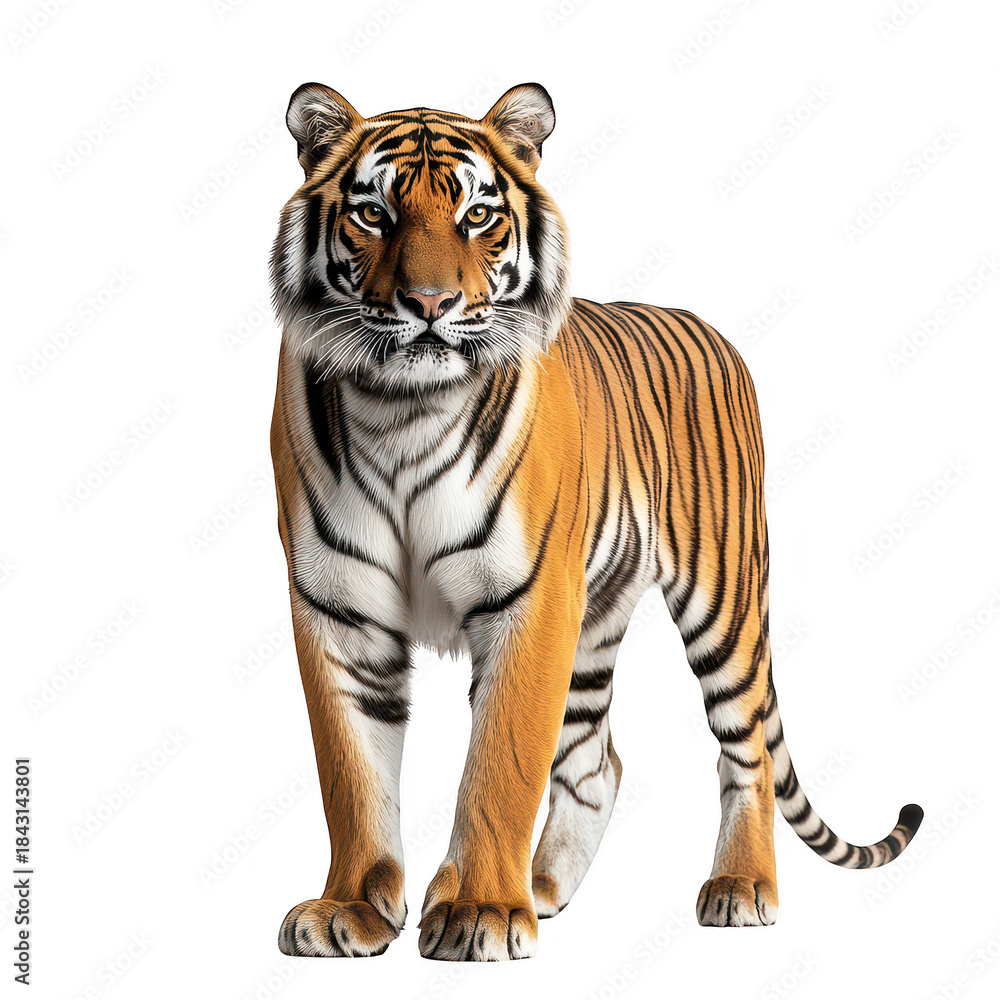 Obraz premium A majestic tiger stands confidently against a clean white background. its orange and black stripes. symbolizing strength and beauty in wildlife photography