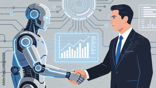 This illustration shows a business professional shaking hands with a humanoid robot in an office, symbolizing collaboration between humans and AI, the integration of technology in the modern workplace