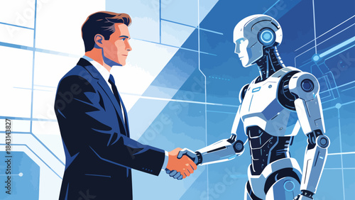 This illustration shows a business professional shaking hands with a humanoid robot in an office, symbolizing collaboration between humans and AI, the integration of technology in the modern workplace