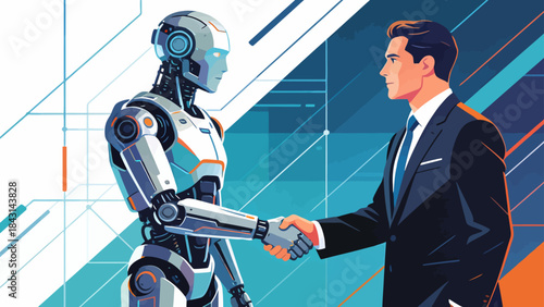 This illustration shows a business professional shaking hands with a humanoid robot in an office, symbolizing collaboration between humans and AI, the integration of technology in the modern workplace