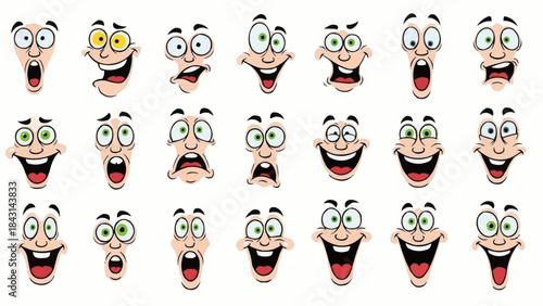 Collection of Cartoon Faces Expressing Various Emotions and Reactions.