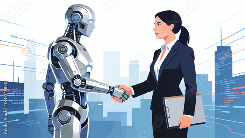 This illustration shows a business professional shaking hands with a humanoid robot in an office, symbolizing collaboration between humans and AI, the integration of technology in the modern workplace