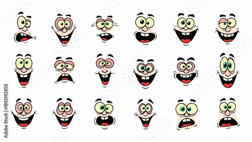 Collection of 21 cartoon faces with exaggerated expressions and emotions.