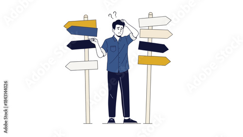 Illustration of a Man Confused about Direction and Choice in a Crossroad