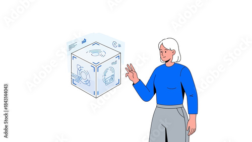 A woman interacting with a futuristic data cube, showcasing technology and innovation