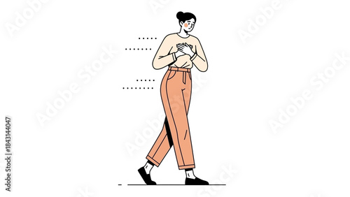 Illustration of a woman with hands on chest and walking forward in minimalist style