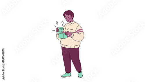 A man enthusiastically opening a gift box illustrated in a modern art style