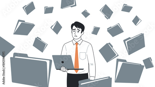 Stressed businessman with laptop and files representing data overload or information management