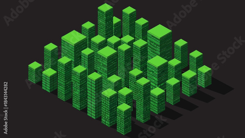 Isometric green city buildings on dark background vector illustration