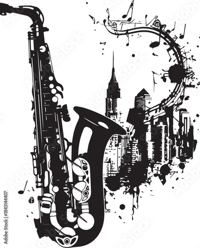 Jazz Saxophone Serenade: An artistic rendering of a saxophone, intertwining musical notes and a cityscape, capturing the essence of a jazz performance. 