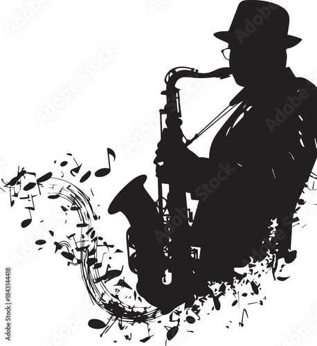 Melodic Silhouette: A silhouette of a musician engrossed in the soulful act of playing a saxophone, as musical notes cascade around them, embodying the essence of musical passion and artistry.