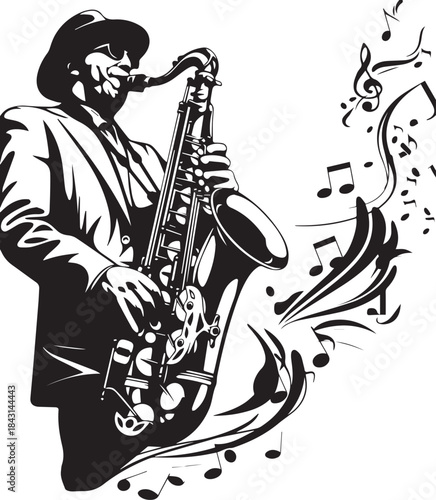 Saxophone Serenade: A distinguished musician plays the saxophone with a sense of passionate performance, surrounded by musical notes and stylized flourishes that bring the magic of jazz to life.