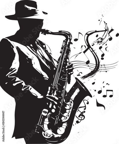 Melody's Silhouette: A suave musician, draped in a coat and hat, pours his soul into a saxaphone performance, his music notes taking flight in the air.