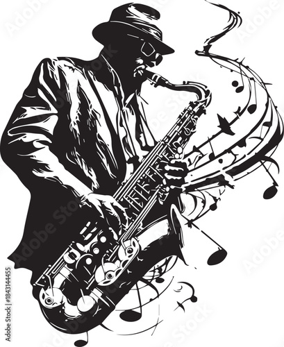 Melody Maestro: A silhouette of a musician enveloped in musical notes, plays his saxophone with passion and artistry. Capturing a moment of pure musical expression.