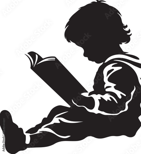 Child immersed in Reading: Silhouette of a young child engrossed in a book, fostering a sense of curiosity, knowledge, and the magic of stories.