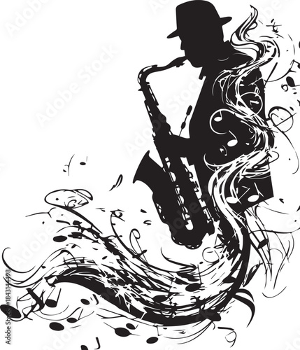 Silhouette Serenade: Capturing the essence of jazz, a figure plays the saxophone, with musical notes swirling around him. The image evokes a sense of rhythm and harmony. 