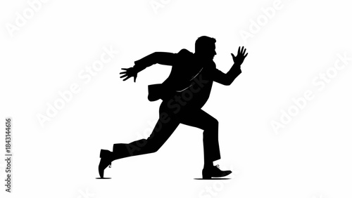 Silhouette of a businessman running with urgency and determination.