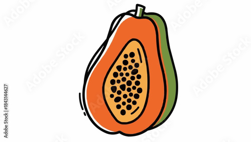 Illustration of a ripe papaya cut in half showing seeds.