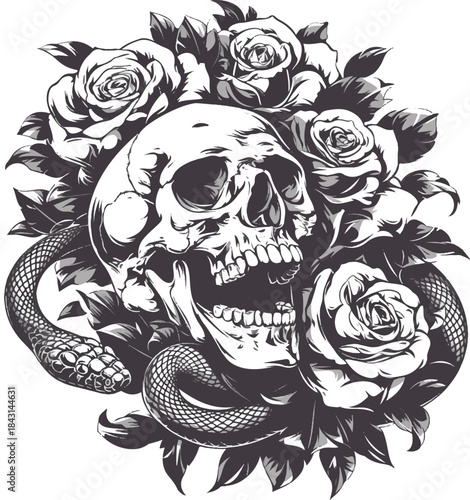 Floral Skull Arrangement: A monochromatic illustration of a skull adorned with roses and encircled by a snake, conveying themes of mortality and beauty.