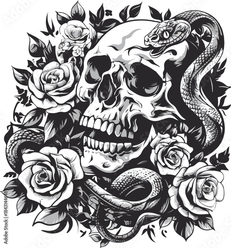 Embrace the Enigma: A stark monochrome illustration presents a captivating fusion of life and death, with a human skull intertwined with a serpent and delicate roses.