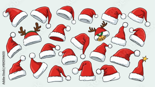 Collection of Santa Hats and Reindeer Antlers for Christmas Celebrations.