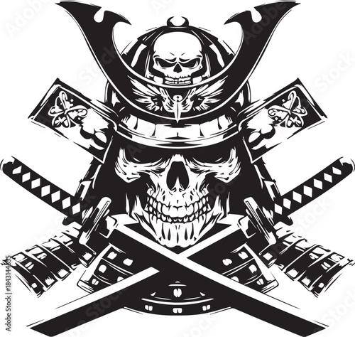 Ancient Warrior's Mark: A detailed, monochrome illustration of a samurai's skull, adorned with helmet, crossed swords, and armor. Symbol of power, honor, and the warrior spirit.