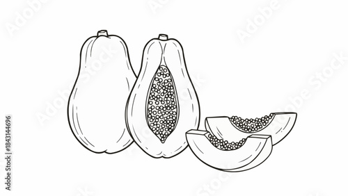 Hand Drawn Sketch of Papayas and Slices.
