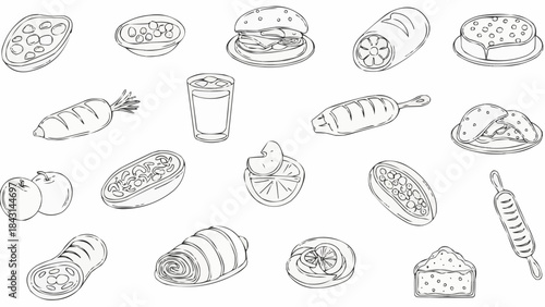 Collection of Hand Drawn Food Items and Drinks Sketch Style.