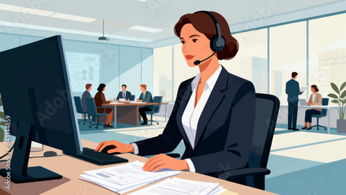 This illustration shows a  customer service staff working at an office desk and a computer, representing customer service or corporate communication in a modern workspace.