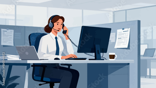 This illustration shows a  customer service staff working at an office desk and a computer, representing customer service or corporate communication in a modern workspace.